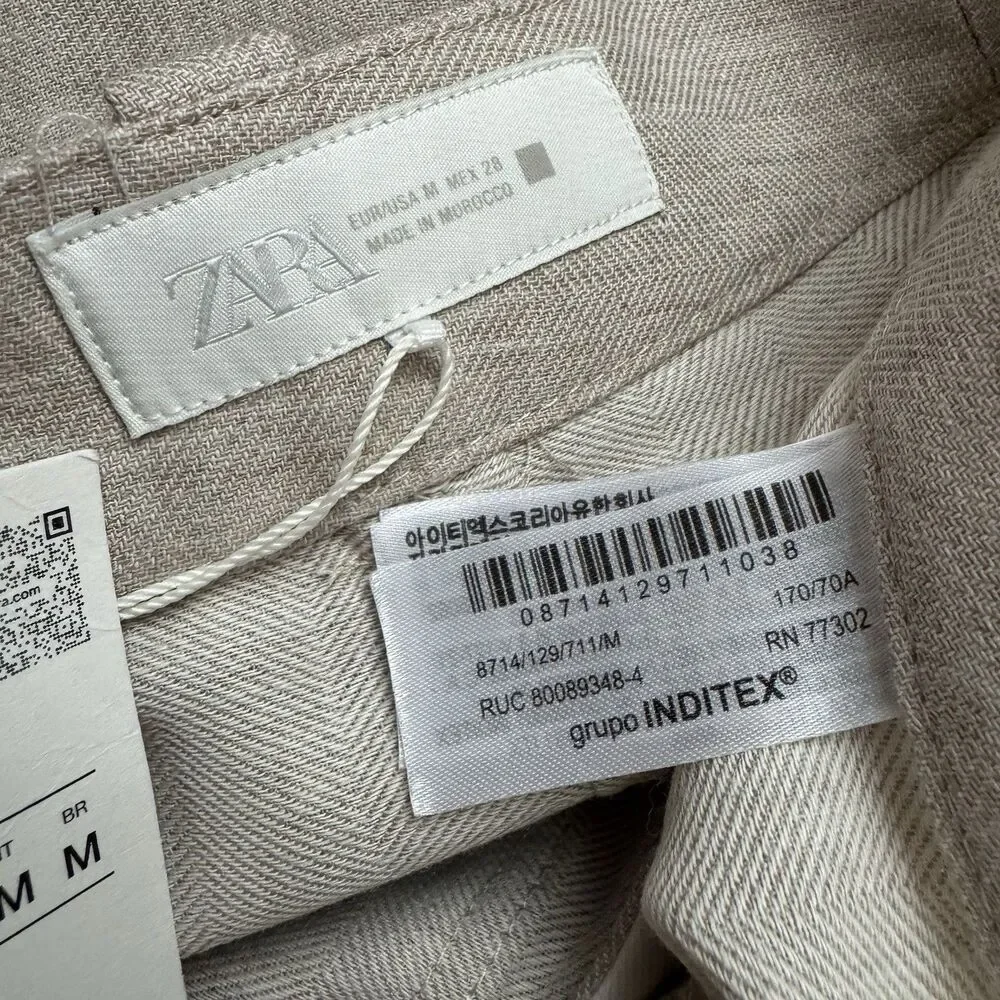 NWT Zara High Rise Wide Leg Straight Pants Women’s M Beige Cotton Blend Pockets